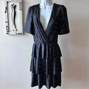 Charles Henry Coquette Black Polka Dot Satin Short Sleeve Tiered Dress Sz XL